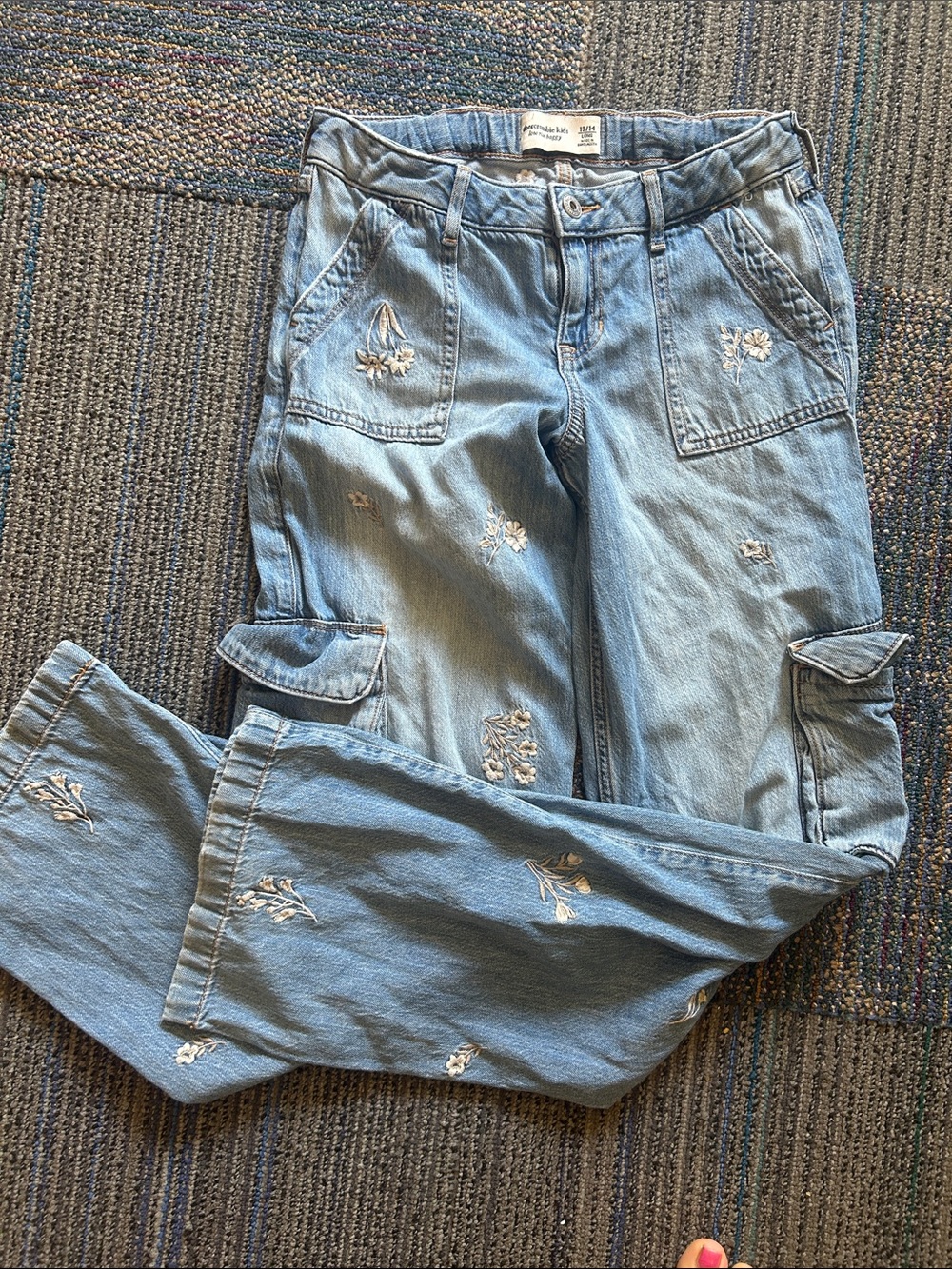 Light Blue Embroidered Low Rise Baggy Jeans —Casual Cargo Style